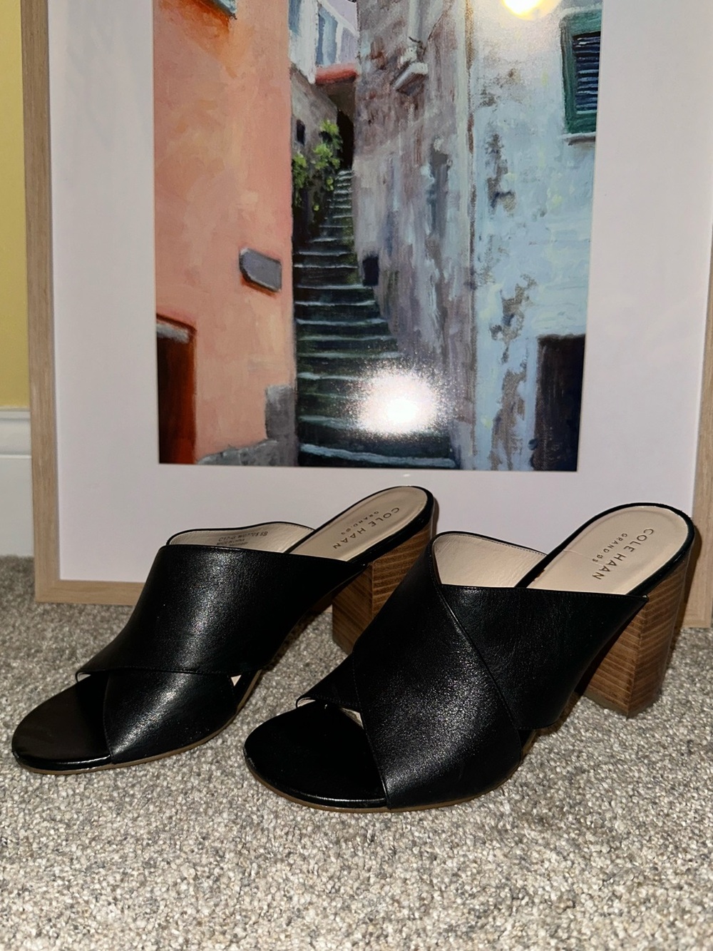 Cole Haan Black Leather Crisscross Block Heel Mules
